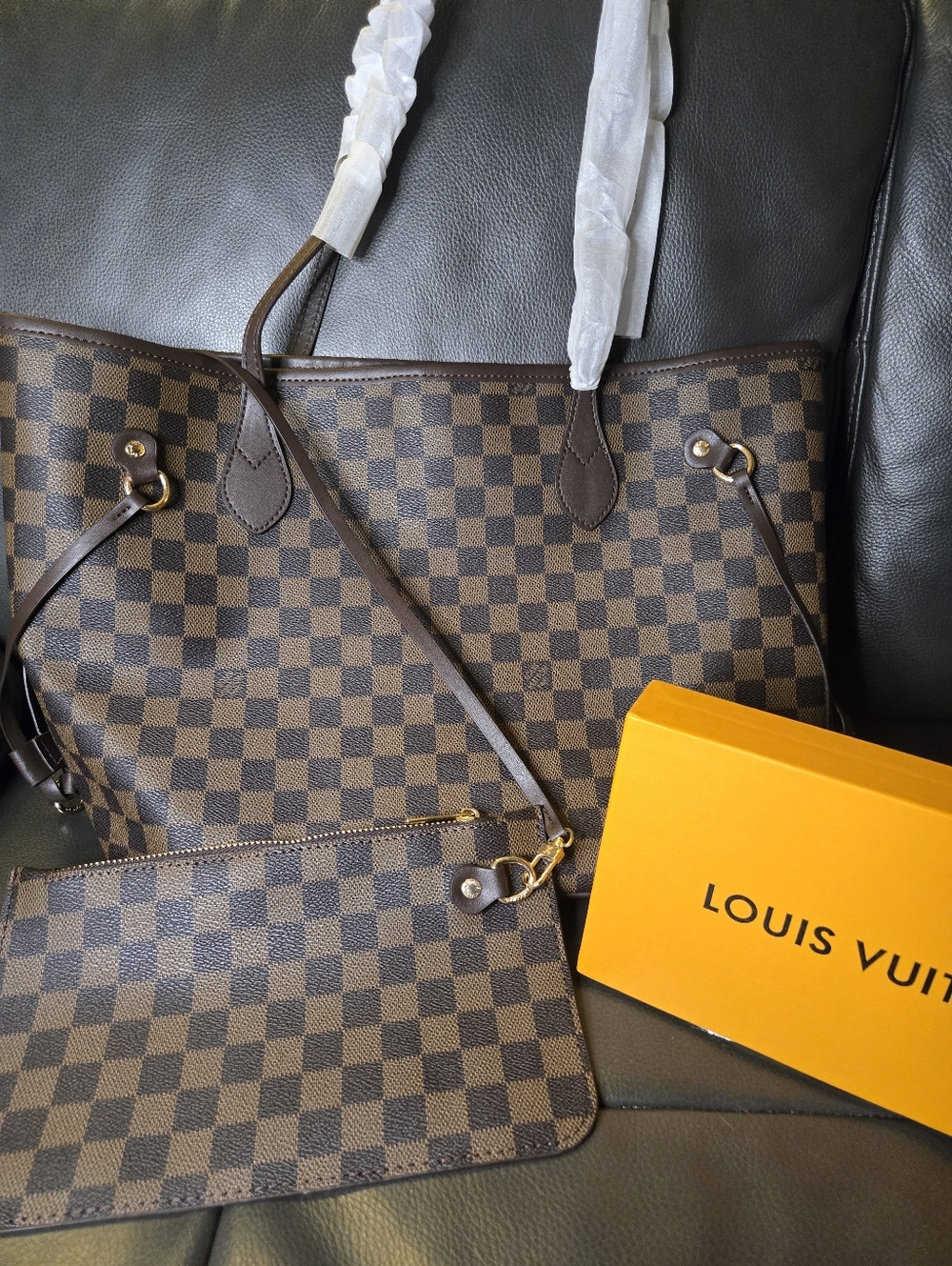 Brown Checkered Tote with Pouch Set & Red Interior